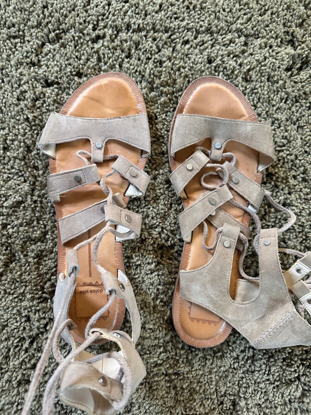 Dolce Vita Taupe Suede Lace-Up Gladiator Sandals with Snap Accents